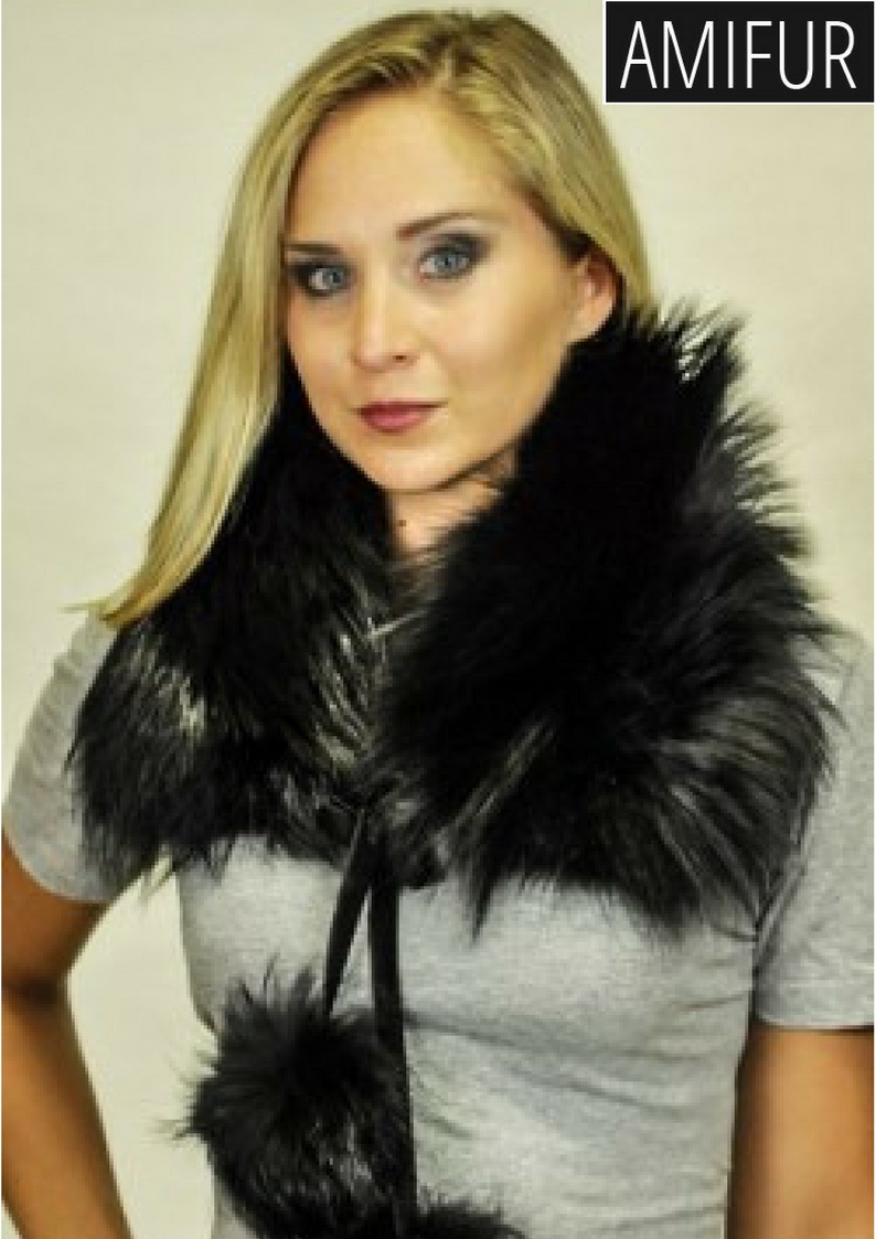 Fox fur scarf black - with pom poms